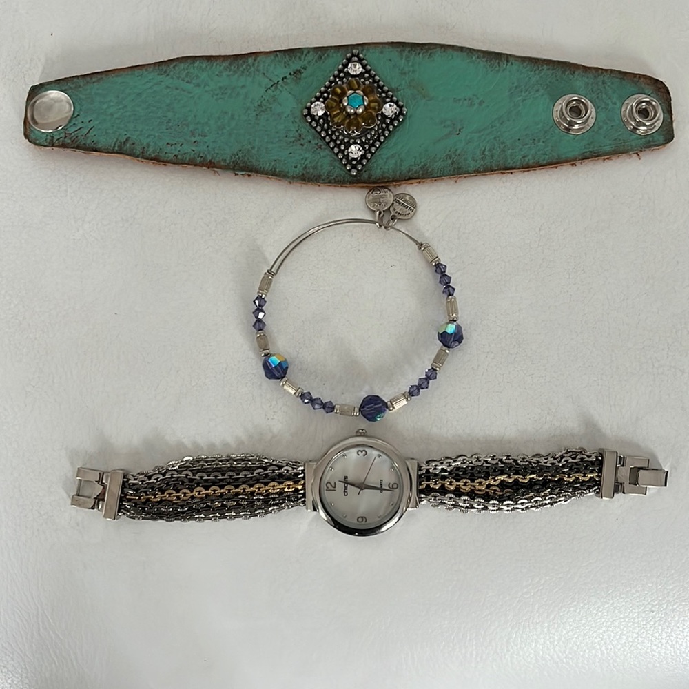3 New Pieces; turquoise leather, Chico chain watch (needs battery) &  Alex Ani.